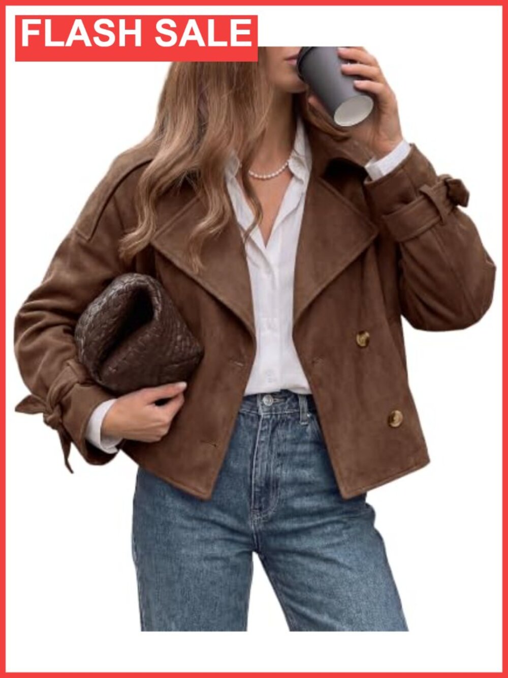 Faux Suede Cropped Trench Coat Double Breasted Jacket